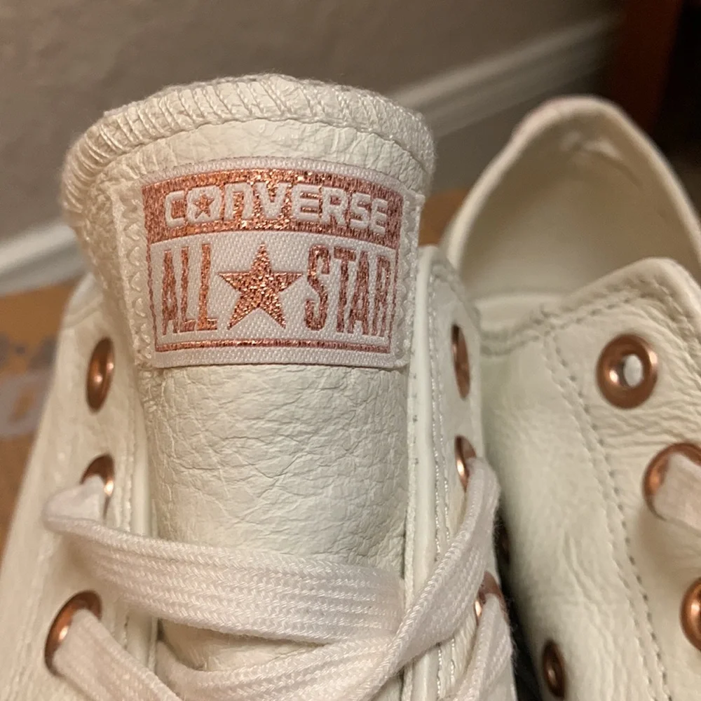 Converse White Leather Low Top Sneakers with Rose Gold Eyelets